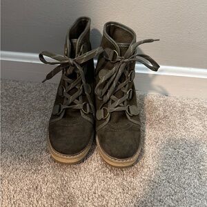 Dark Green Suede Lace-Up Wedge Boots